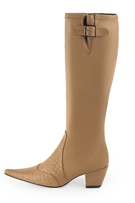 Camel beige women's knee-high boots with buckles. Pointed toe. Medium cone heels. Made to measure. Profile view - Florence KOOIJMAN